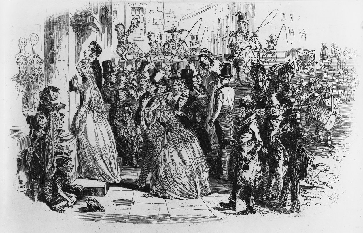 教会から帰宅、チャールズディケンズによる「ドンビーと息子」のイラスト、1848年に初公開 作： ハブロナイト・ブラウン