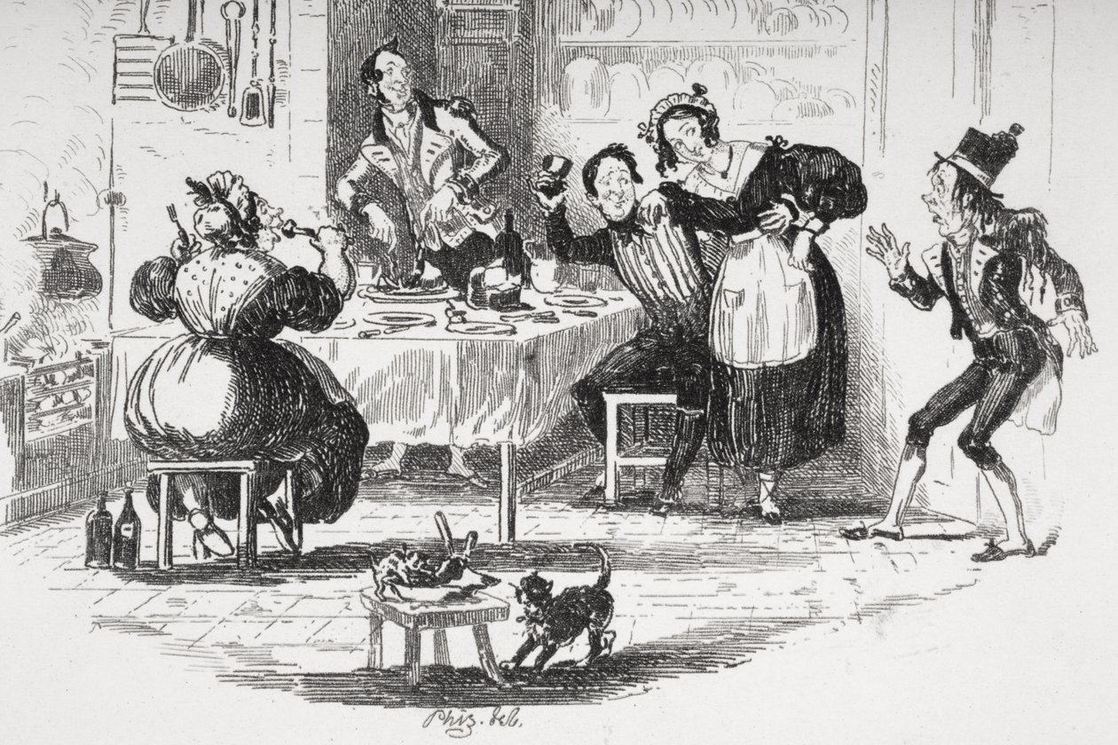 ジョブトロッターはマズル氏のキッチンでサムに出会います。チャールズディケンズの「The Pickwick Papers」（1812-70）のイラストは1837年に発行されました（259101も参照） 作： ハブロナイト・ブラウン