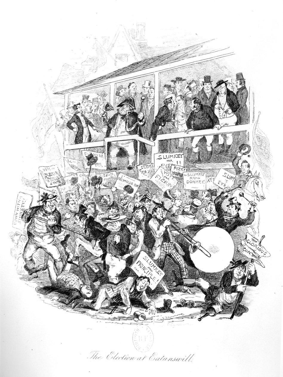 Eatenswillでの選挙の日のピックウィック氏、Charles Dickensによる「Pickwick Papers」からのイラスト（1812-70） 作： ハブロナイト・ブラウン