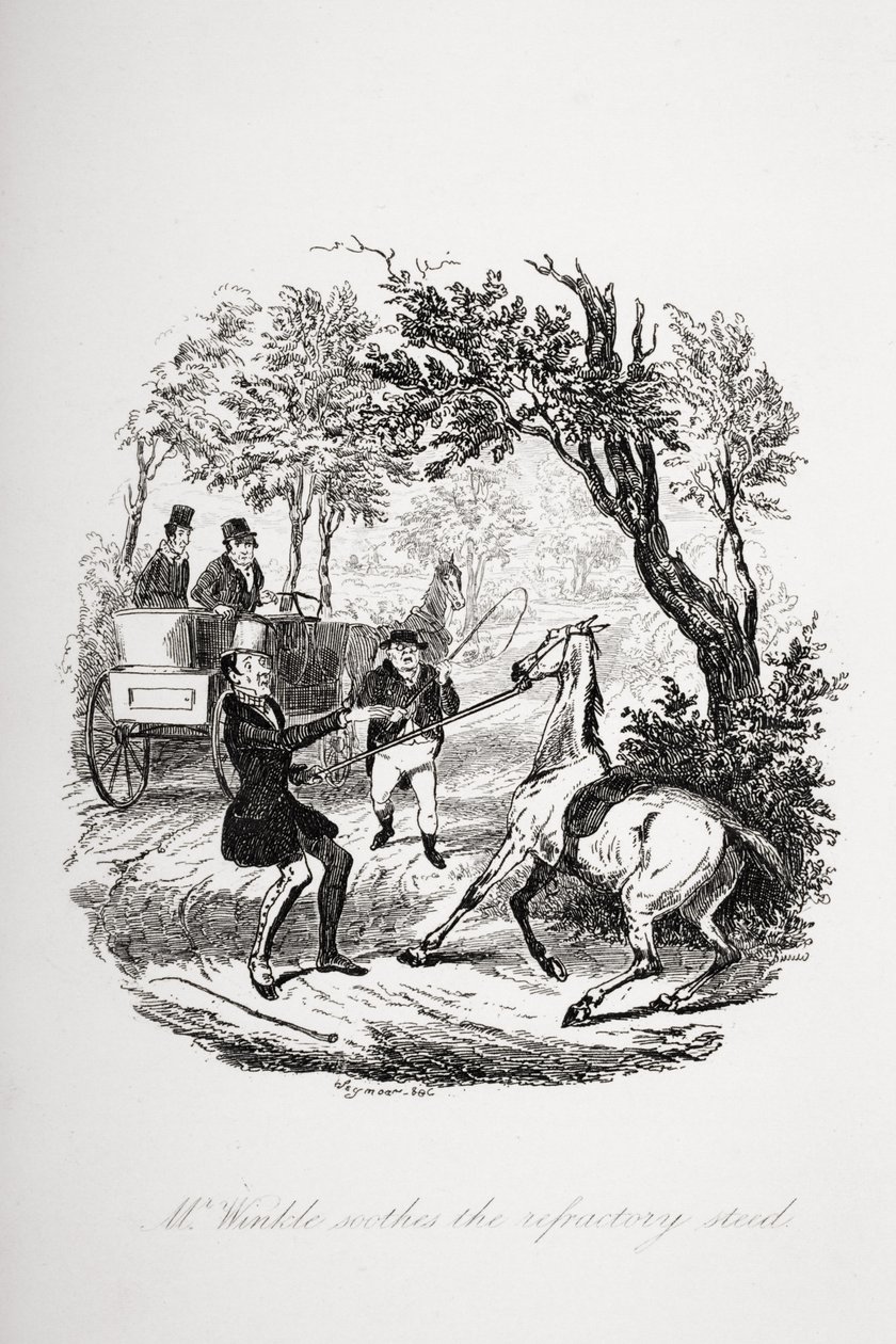 ウィンクル氏は、1837年に発行されたチャールズディケンズ（1812-70）の「The Pickwick Papers」のイラストから、難治性のスティードを落ち着かせる 作： ハブロナイト・ブラウン
