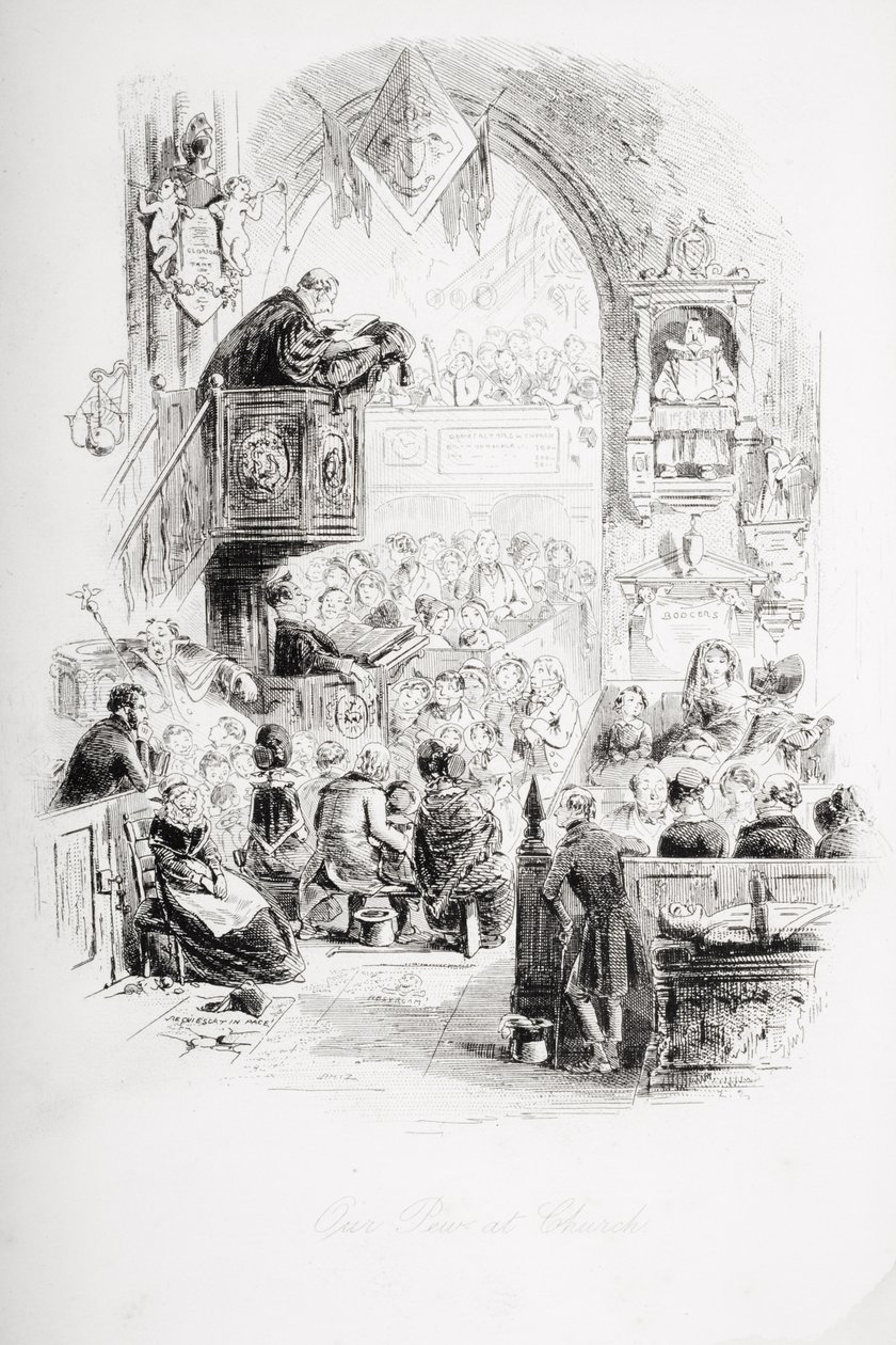 チャールズ・ディケンズ（1812-70）による「David Copperfield」からのイラスト、1850年に最初に出版された教会の私たちの席 作： ハブロナイト・ブラウン