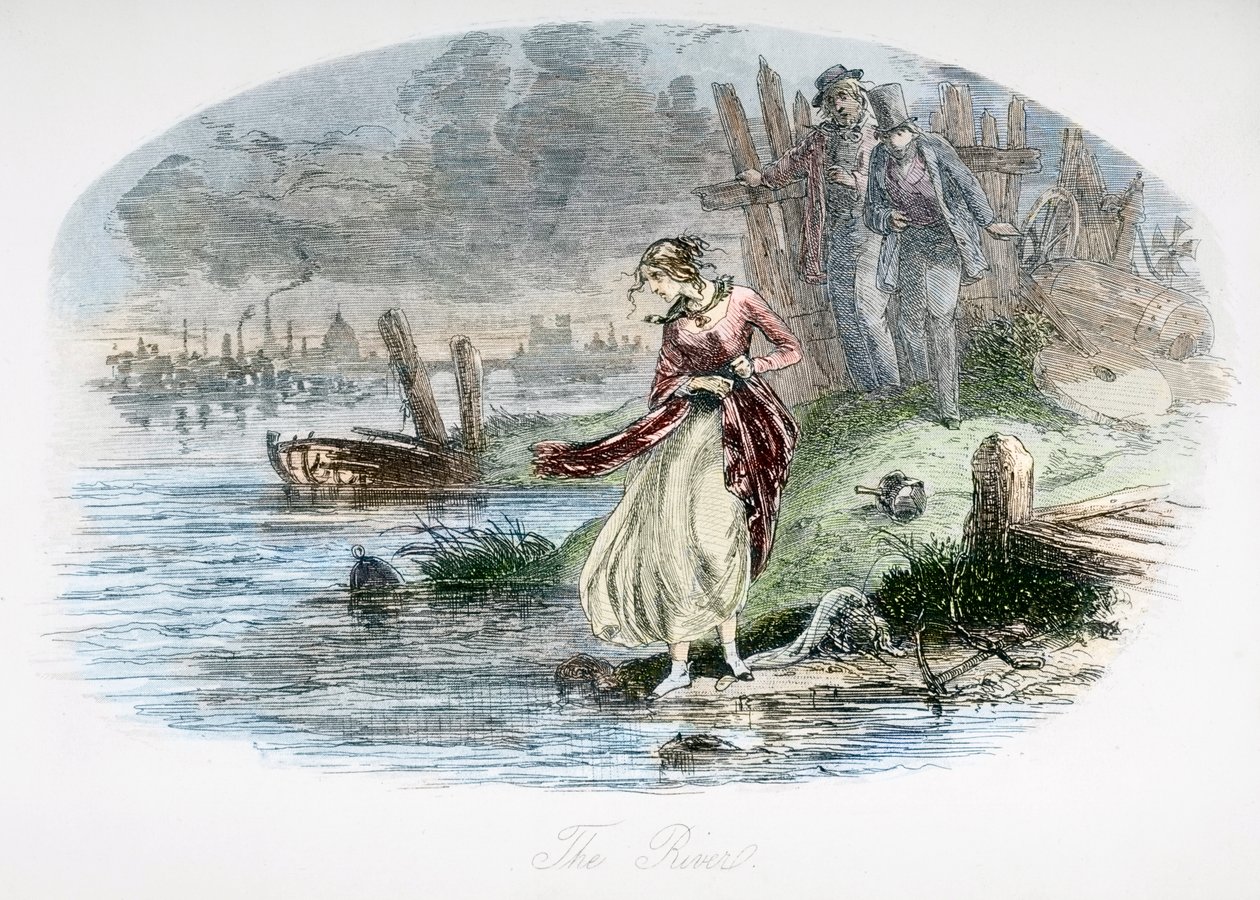 川、チャールズ・ディケンズ（1812-70）による「David Copperfield」のイラスト、1850年に初版（後の色付け） 作： ハブロナイト・ブラウン