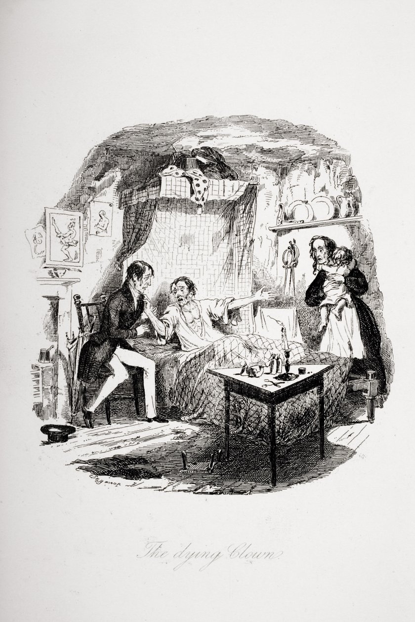 チャールズディケンズの「ピックウィックペーパー」（1812-70）のイラストが1837年に出版された瀕死のピエロ 作： ハブロナイト・ブラウン