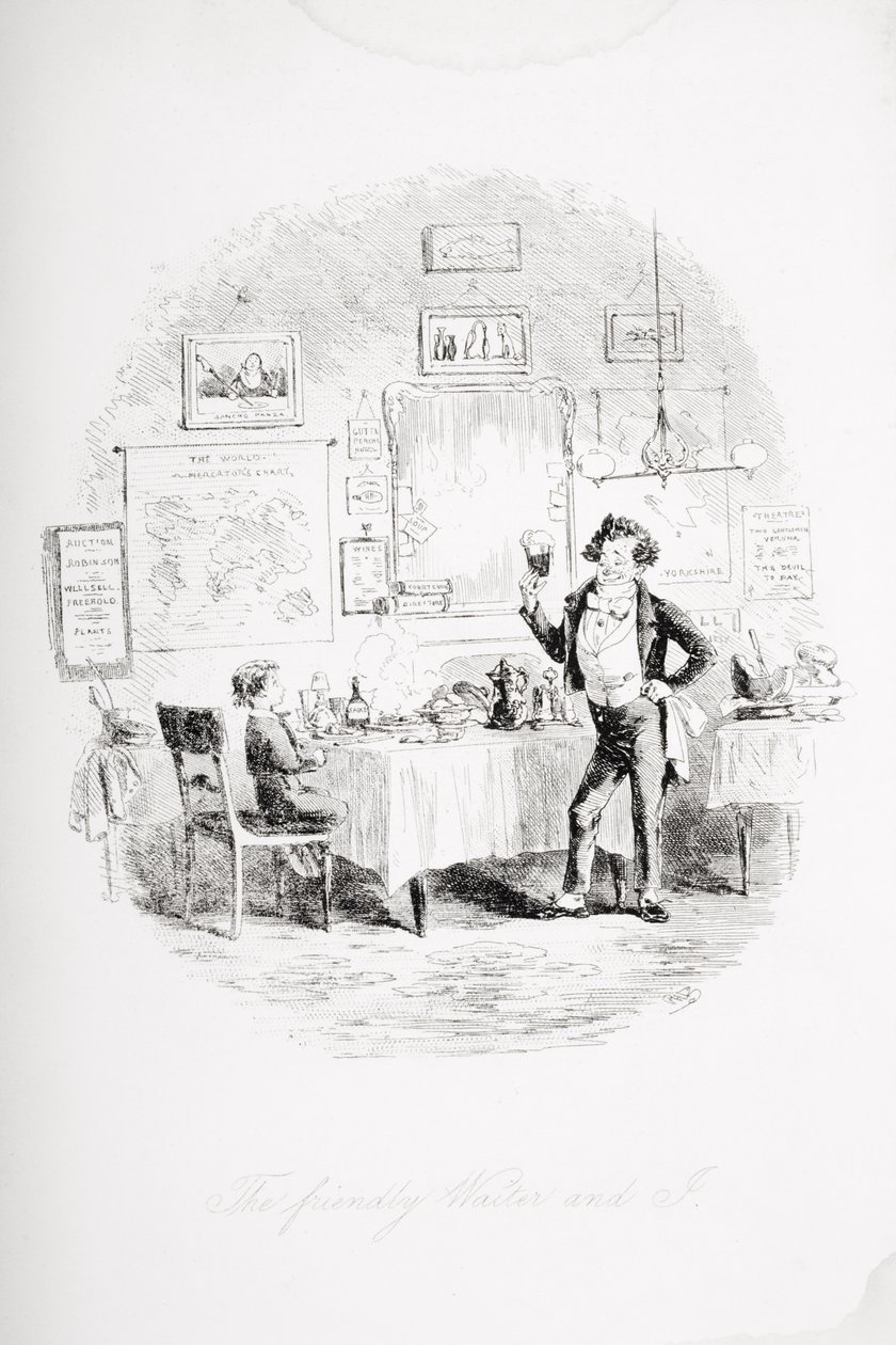 フレンドリーなウェイターと私、チャールズ・ディケンズ（1812-70）による「David Copperfield」のイラスト、1850年に初公開 作： ハブロナイト・ブラウン