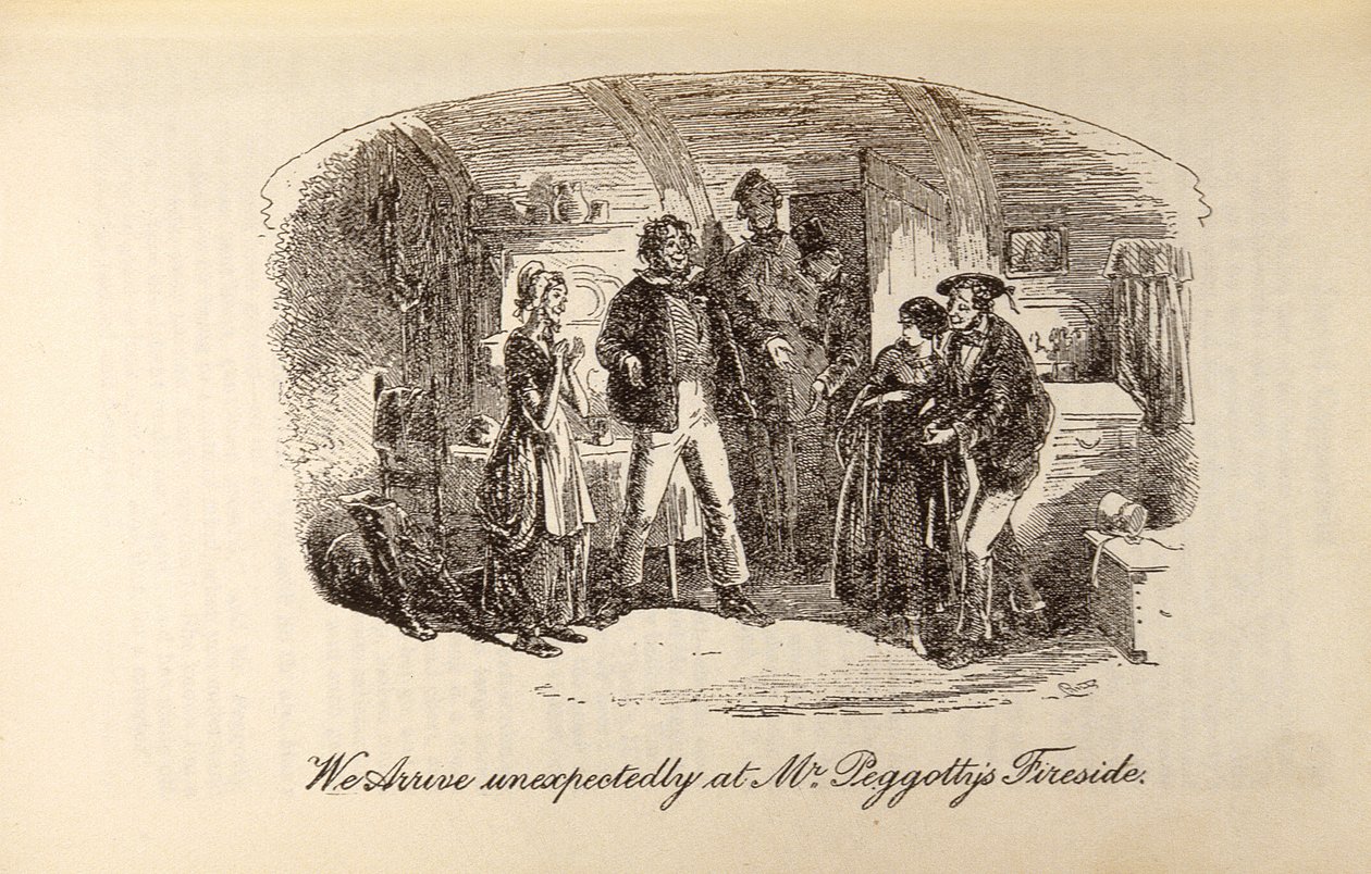 Charles Dickens（1812-70）の「David Copperfield」より、「Peggotty氏の暖炉のそばに突然到着」 作： ハブロナイト・ブラウン