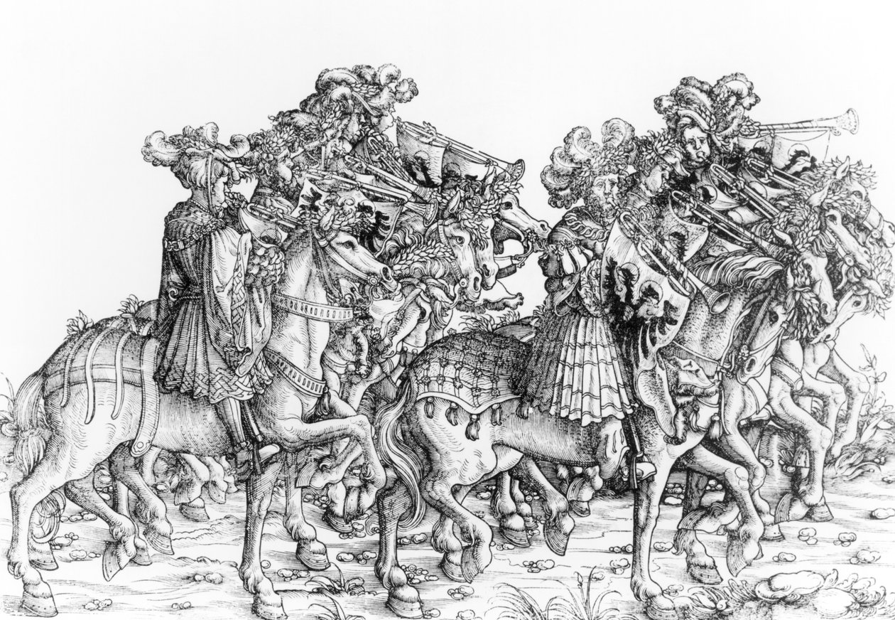 マウントされたトランペット奏者のグループ、「マクシミリアンの凱旋行列」、1516〜18年 作： ハンス・ブルククマール
