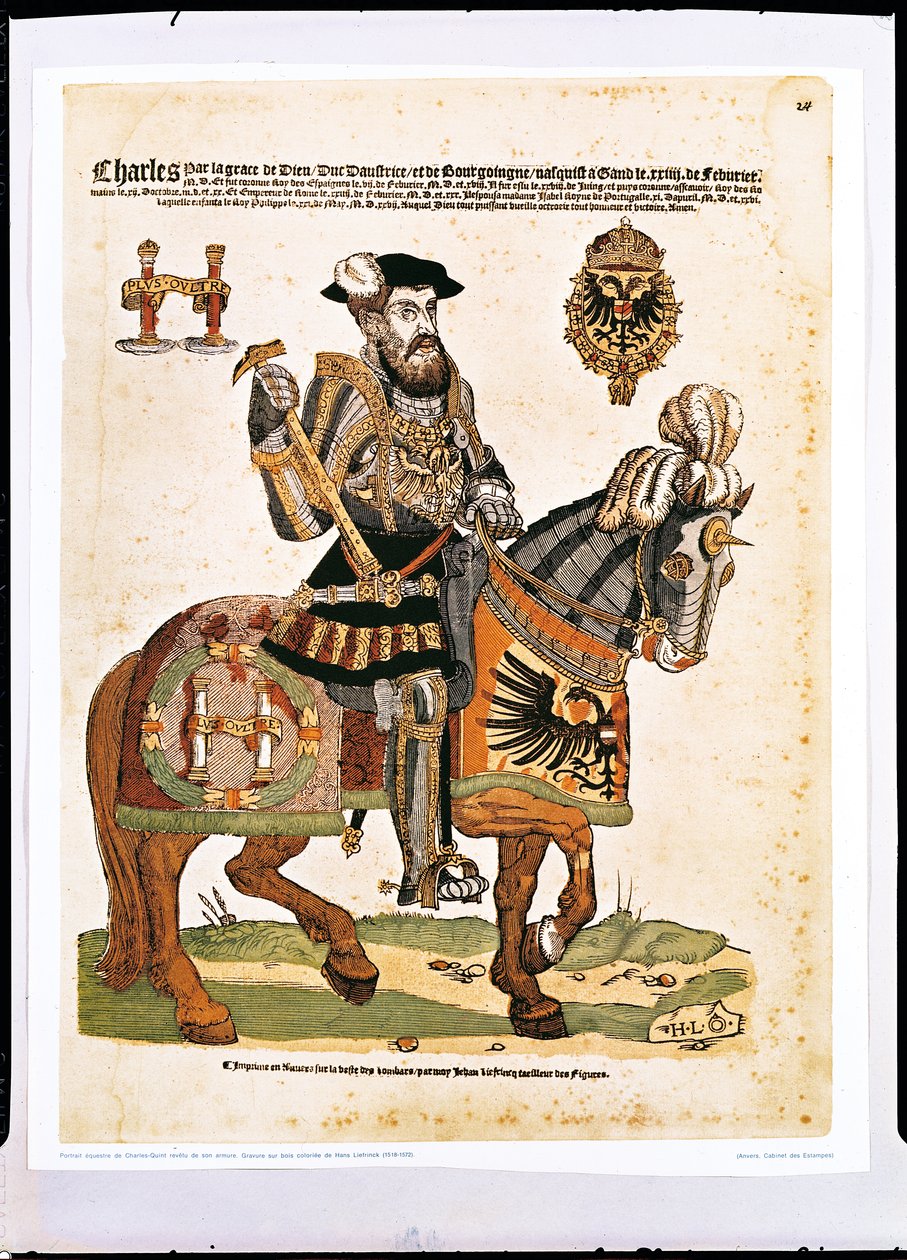 鎧を着たチャールズ5世の乗馬の肖像画（1500-58）（色の彫刻） 作： ハンス・リーフリンク