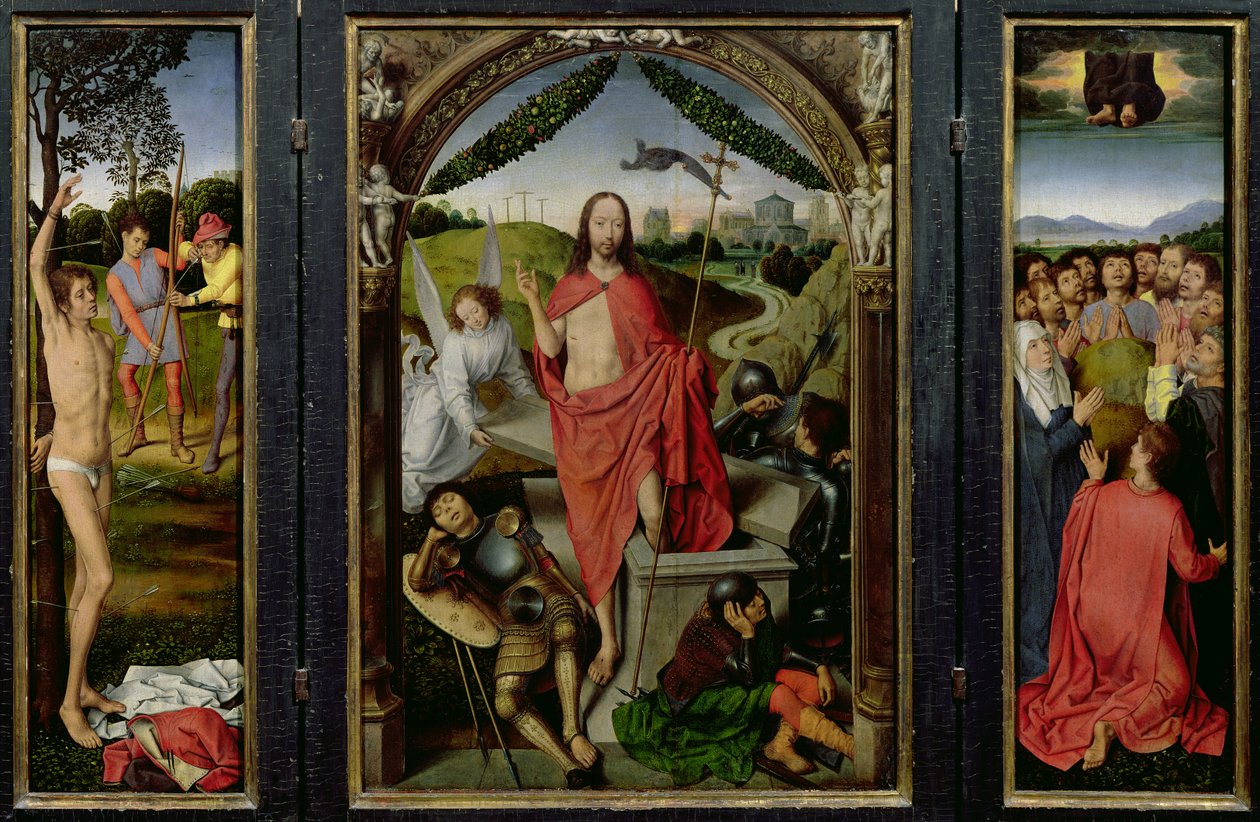 復活の三連祭壇画：復活（中央）聖セバスチャンの殉教（左）と昇天（右）c.1485-90 作： ハンス・メムリンク
