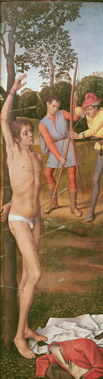 復活の三連祭壇画、左パネル：聖セバスチャンの殉教、1485-90年（オークに油彩） 作： ハンス・メムリンク