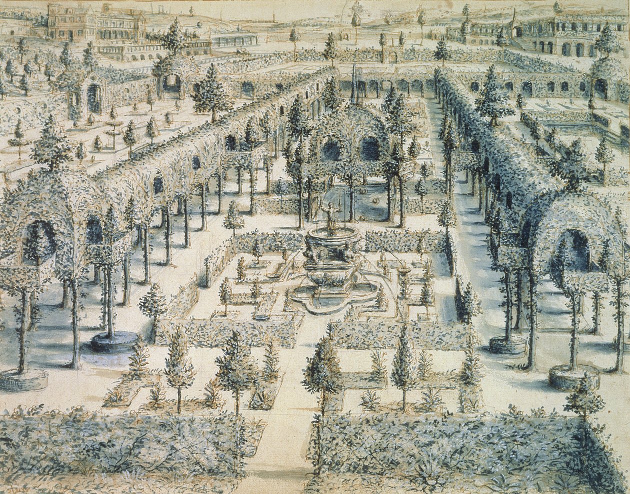 装飾用庭園のデザイン、1576（紙にペン、インク、ブルーウォッシュ） 作： ハンスまたはヤン・フレデマン・ド・フリース