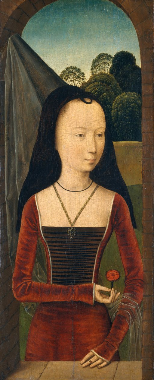ピンクの若い女性、ca。 1485-90。 作： ハンス・メムリンク