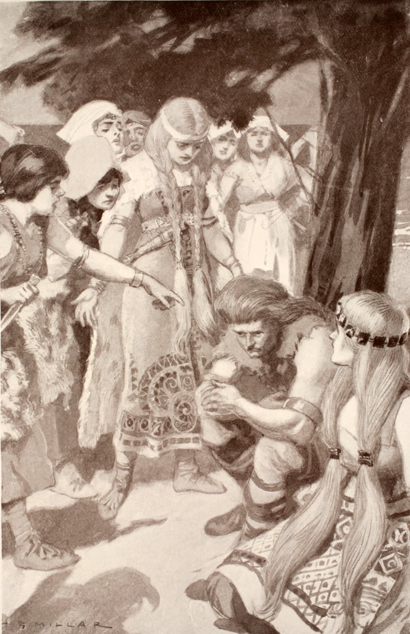 エメルに非難されたクチュライン、チャールズスクワイアによる「ケルト神話と伝説」の挿絵、1905年 作： ハロルド・ロバート・ミラー