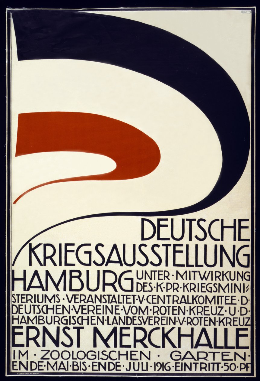 1916年5月〜7月19日、ハンブルク、赤十字ドイツクライグザウシュテルンが主催する戦争展の広告ポスター 作： Hartung and Co.
