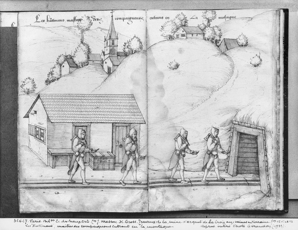 La Croix-aux-Mines、Lorraine、fol.12vとfol.13rの銀鉱山、「ハットマン」、仲間の達人、鉱山に入ってc.1530（紙の上にペンとインクとトイレ） 作： ハインリッヒグロスまたはグロフ