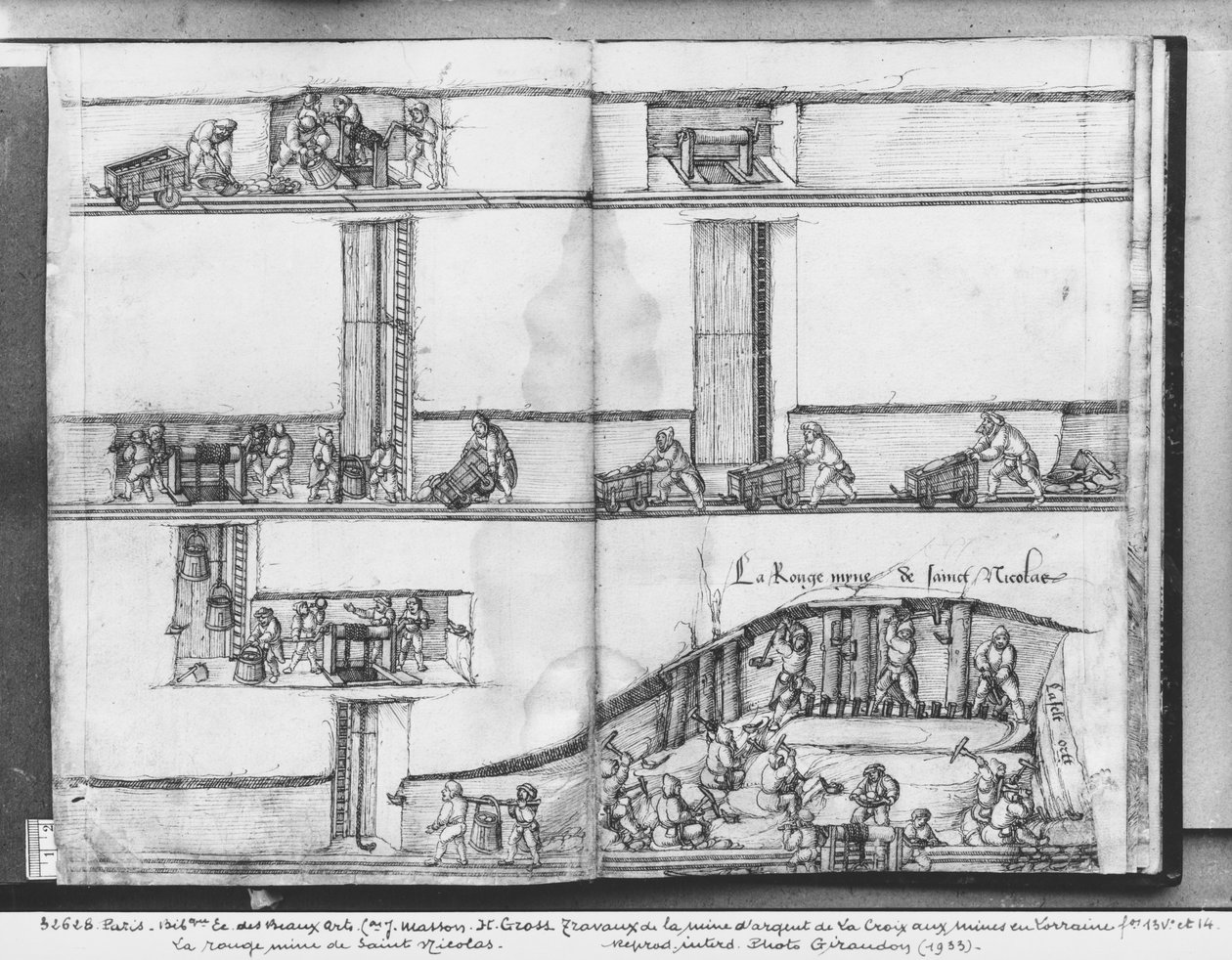 La Croix-aux-Mines、Lorraine、fol.13vおよびfol 14rの銀鉱山、聖ニコラスの赤鉱山、c.1530（紙の上にペンとインクとトイレ） 作： ハインリッヒグロスまたはグロフ