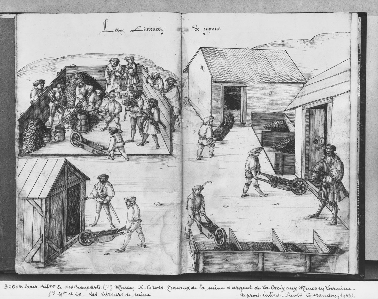 La Croix-aux-Mines、Lorraine、Fol.19v、Fol.20rの銀鉱山で、鉱石を配達します。c.1530（紙の上にペンとインクとトイレ） 作： ハインリッヒグロスまたはグロフ