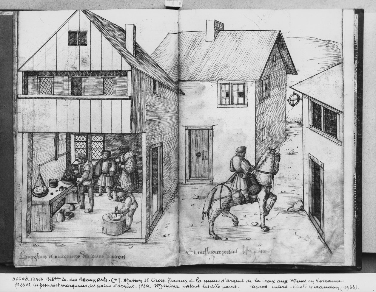 La Croix-aux-Mines、Lorraine、Fol.23v、Fol.24rの銀鉱山、銀のインゴット、インゴットを運ぶメッセンジャー、c.1530（紙とペンとインクとトイレ）の重量を測ってスタンピングする 作： ハインリッヒグロスまたはグロフ