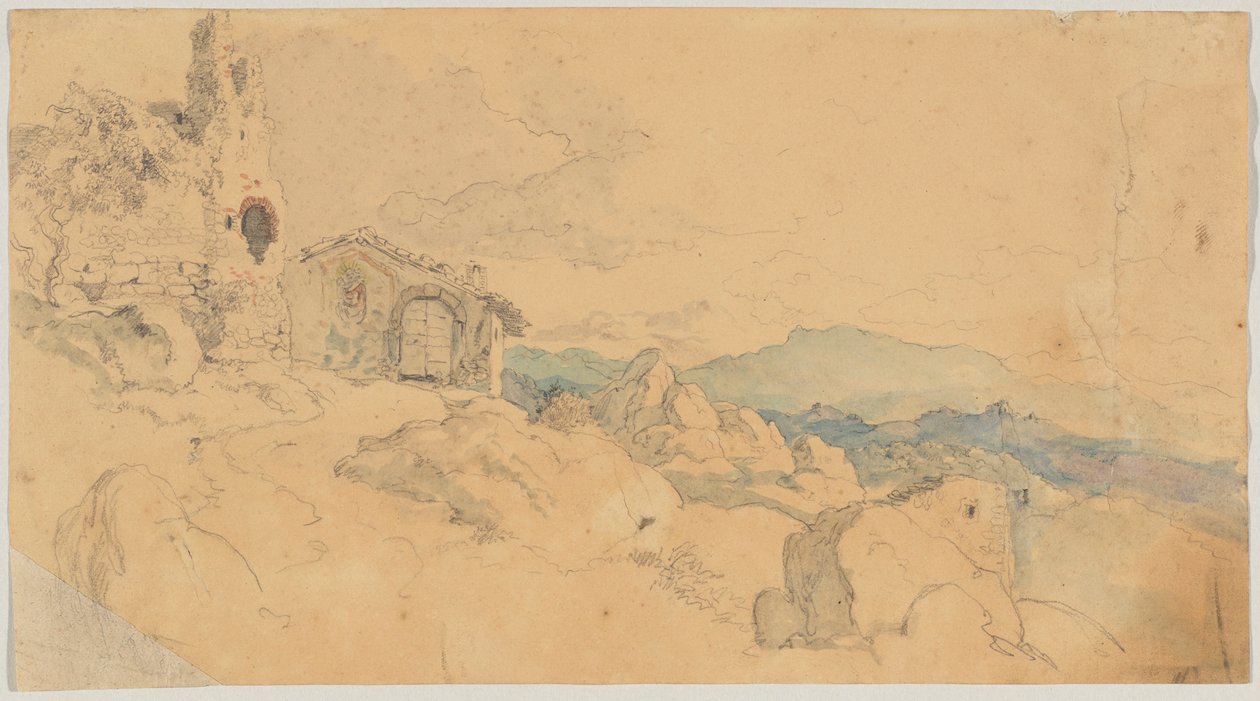 小屋と遺跡のある山の風景 作： ハインリヒ・ブルケル