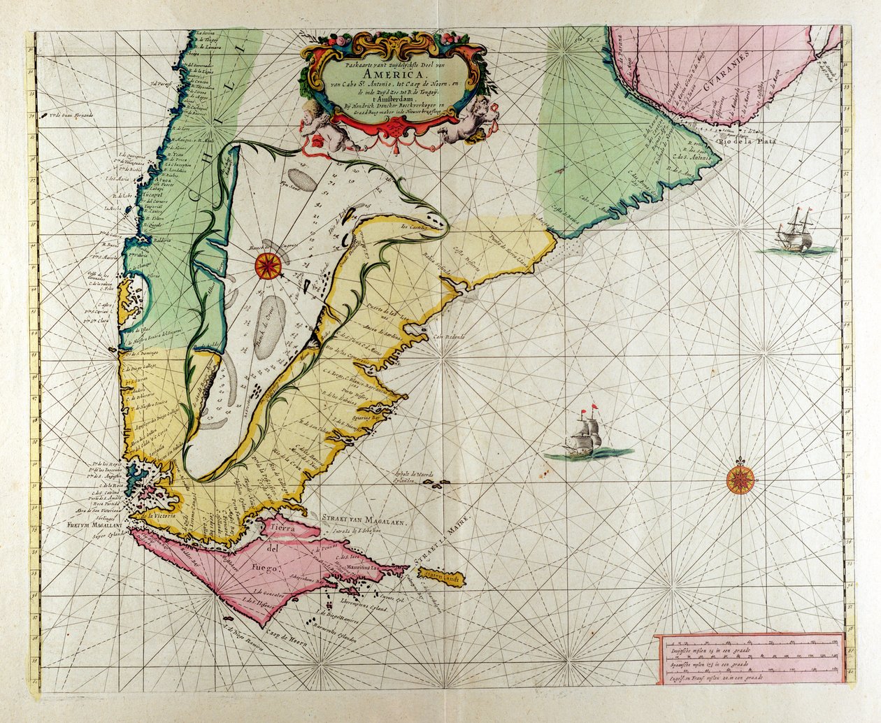 アメリカ、「Le Nouveau et Grand Illuminant Flambeau de la Mer」のプレート17、Claes Jansz編著。 Vooght（fl.1680-96）、アムステルダム1683年に発行（手描きの彫刻） 作： ヘンドリック・ドンカー
