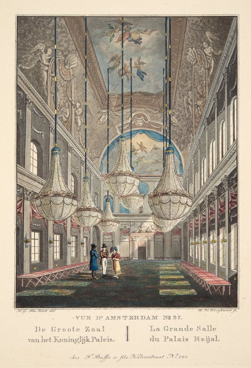 Vue d&39;Amsterdam No. 37。王宮の大ホール。 La Grande Salle du Palais Roijal、1825年（手描きの彫刻） 作： ヘンドリック・ゲリット・テン・ケイト