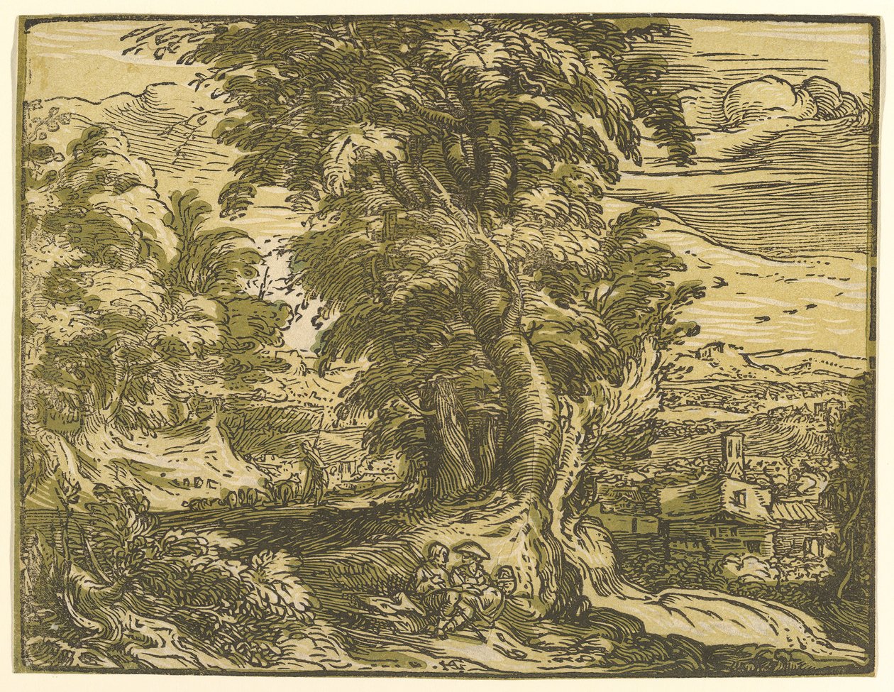 1595 年以降の着席カップルのいる風景。 作： ヘンドリック・ゴルツィウス