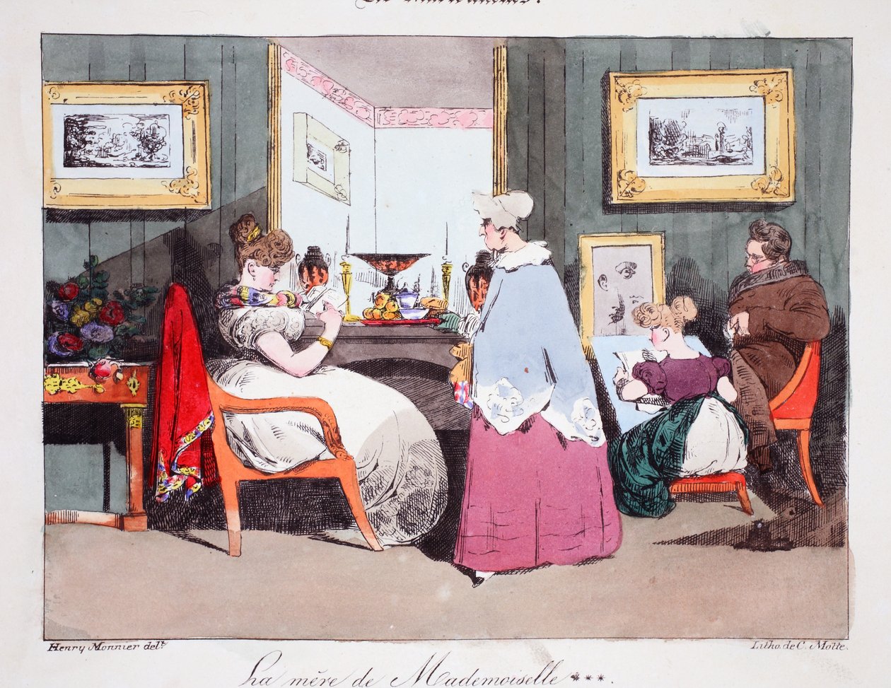 マドモアゼルの母、アンリモニエの「Les Marionnettes」のイラスト、パブDelpechによるリトグラフパリ、1828年頃（手塗りのリト） 作： アンリ・ボナベンチャー・モニエ