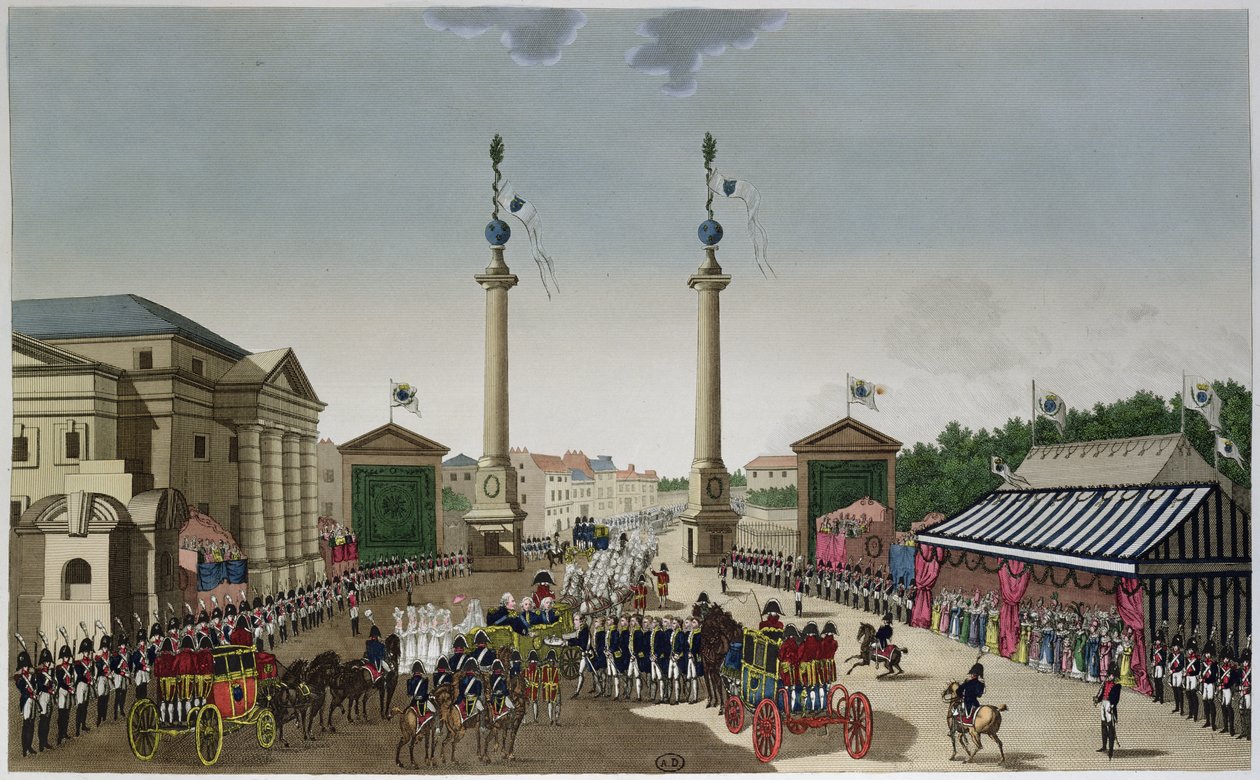 1814年5月3日、1815-20年頃のバリエールサンドニでのルイ18世（1755-1824）へのパリの鍵の贈り物、1815-20年頃（カラー彫刻） 作： アンリクルボアジェ-ヴォイシン