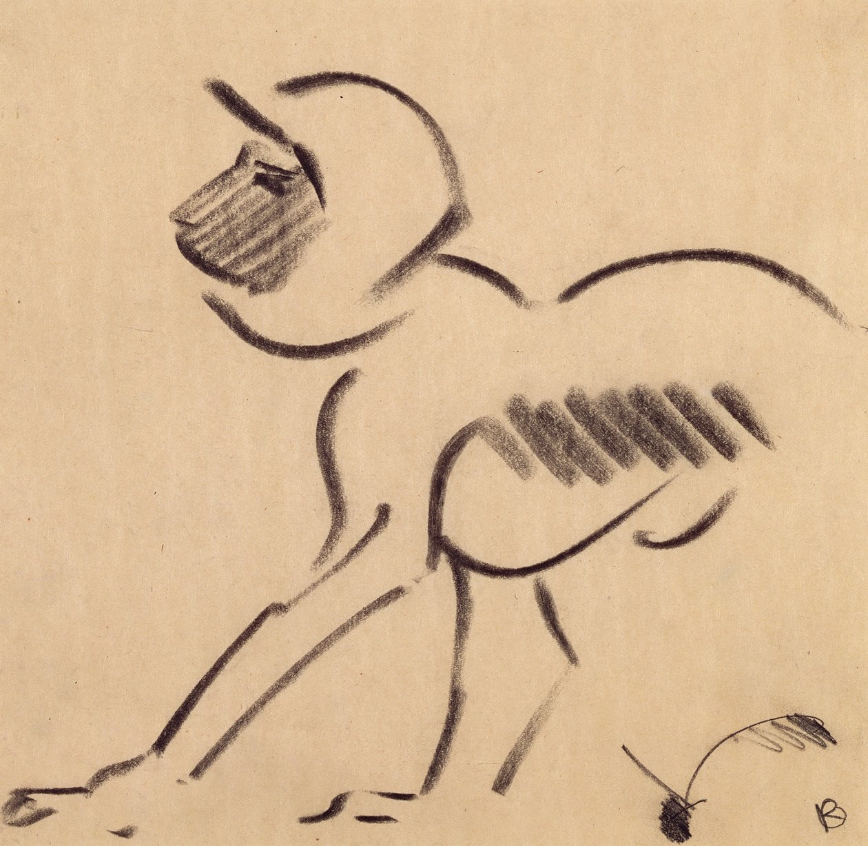 身をかがめる猿、1912-13年頃（灰色の織り紙に黒い木炭） 作： アンリ・ゴーディエ・ブレスカ