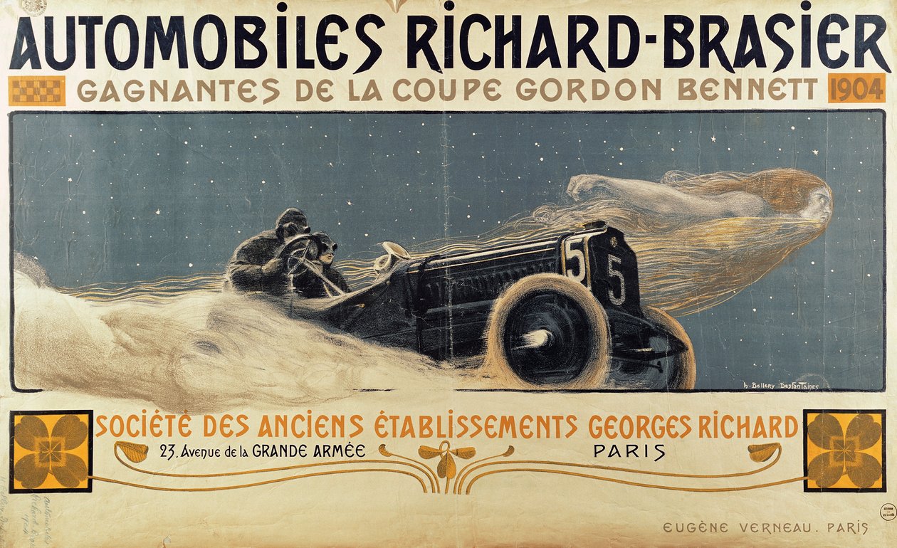 自動車のリチャードブレイジャーがゴードンベネットカップで優勝したことを示すポスター、1904年 作： アンリ・ジュール・フェルディナンド・ベレリー・デフォネイン