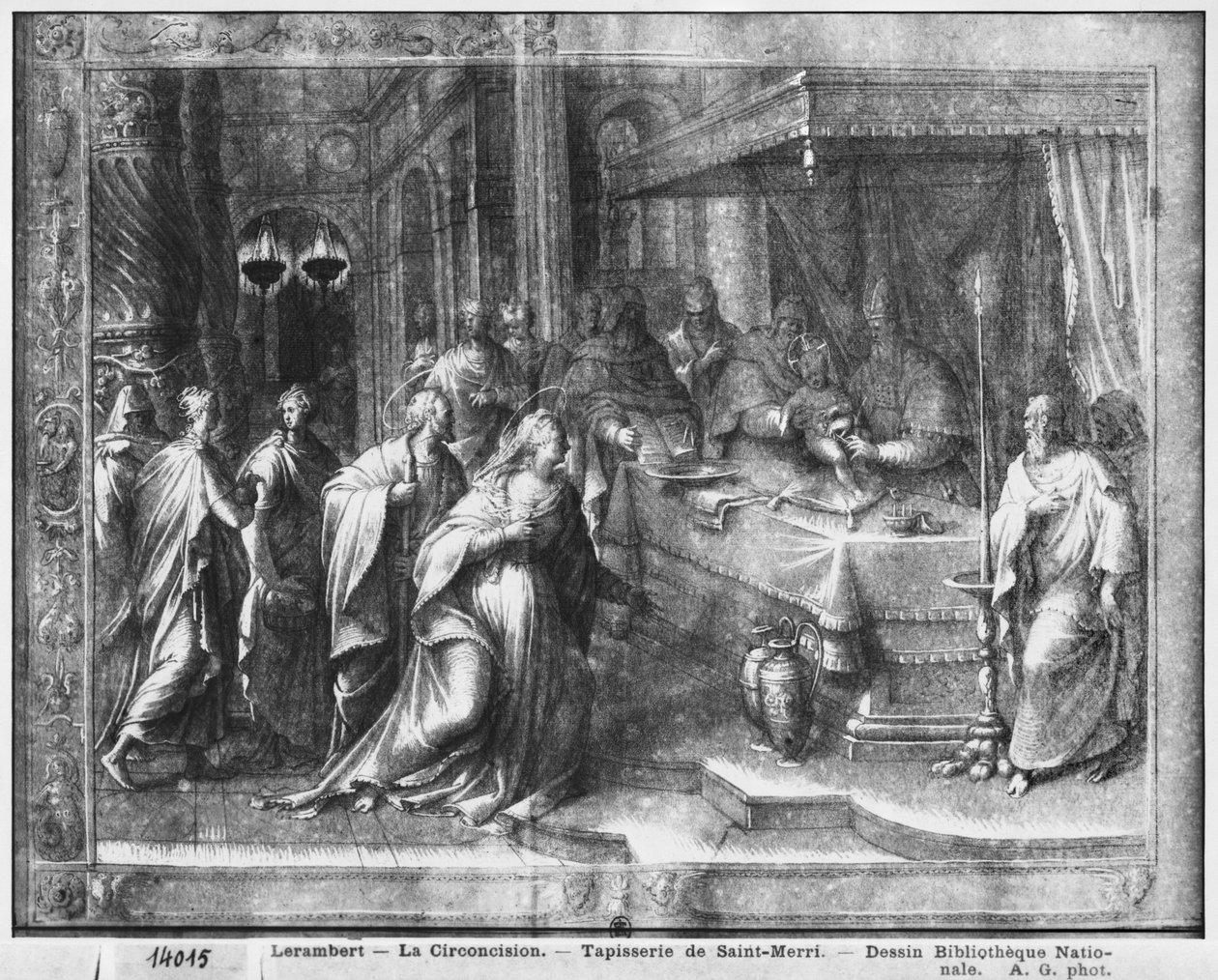 キリストの生涯、割礼、パリのサンメリ教会のタペストリー漫画の準備研究、1585-90年（紙にピエールノワールと白と白のハイライト） 作： アンリ・レランバート