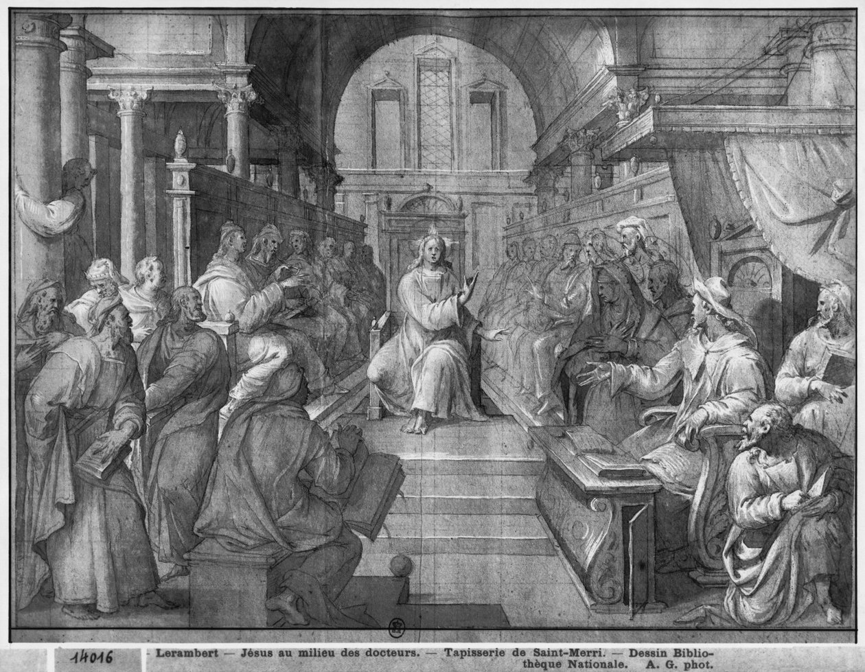 キリストの生涯、医師の間のイエス、パリのサンメリ教会のタペストリー漫画の準備研究、1585-90年（紙のピエールノワールと白と白のハイライト） 作： アンリ・レランバート