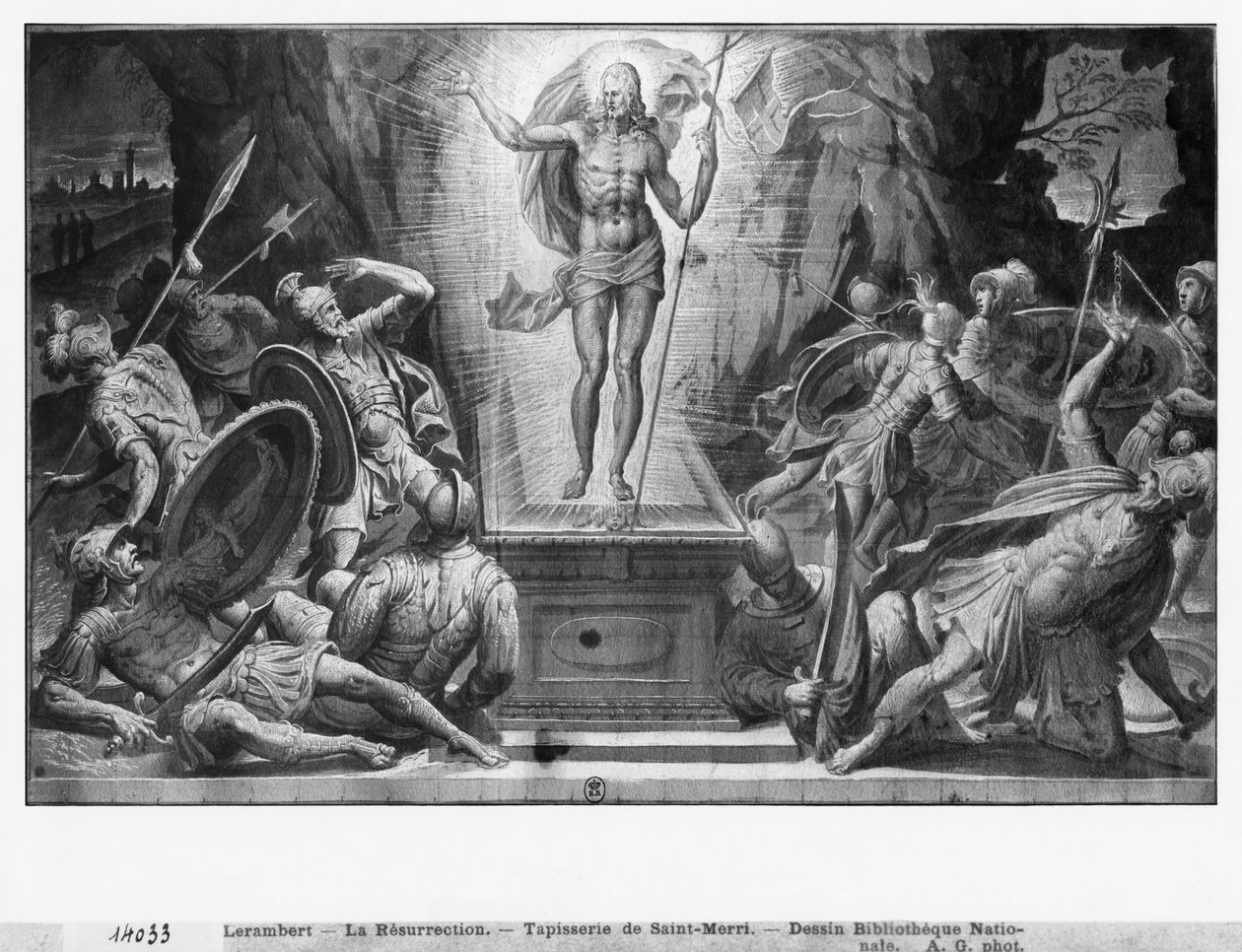 キリストの生涯、キリストの復活、パリのサンメリ教会のタペストリー漫画の準備研究、1585-90年（紙の上のピエールノワールと白と白のハイライト） 作： アンリ・レランバート
