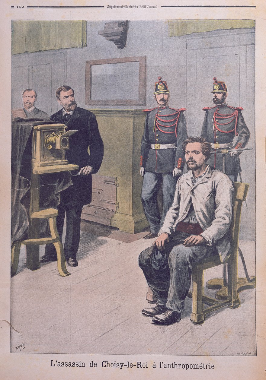 1899年5月7日の &39;Le Petit Journal&39;からベルティヨン教授の前で撮影されたショワシールロワの暗殺者（色付きのリソ） 作： アンリマイヤー