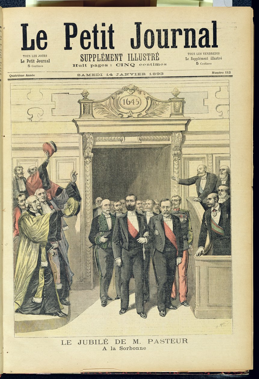 1893年1月14日の「Le Petit Journal」より、1892年12月27日、ソルボンヌで開催されるルイパスツールのジュビリー（1822-95） 作： アンリマイヤー