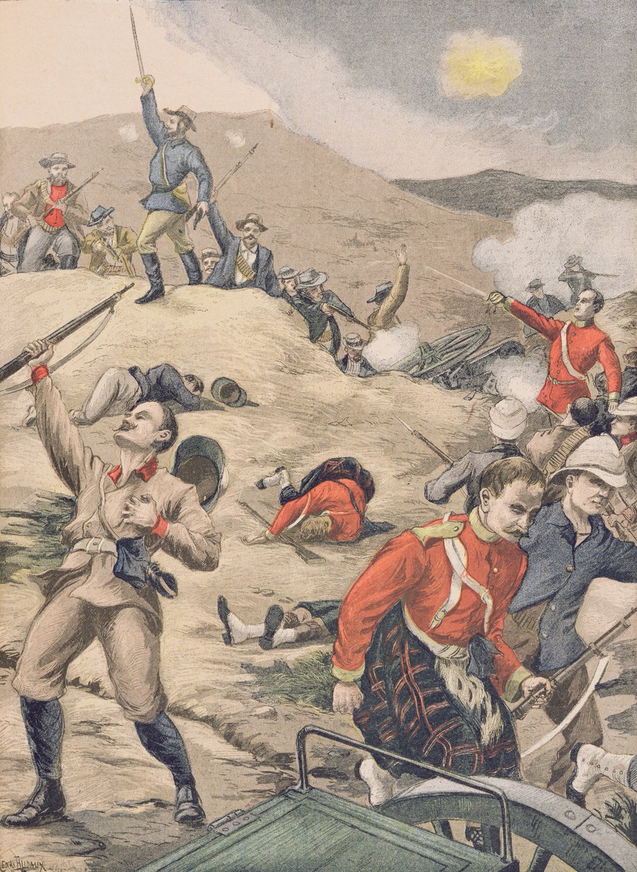 1900年1月28日、トランスバールで、Boersによる英語のバッテリーの持ち込み、「Le Petit Journal」のイラスト 作： アンリ・ルドー