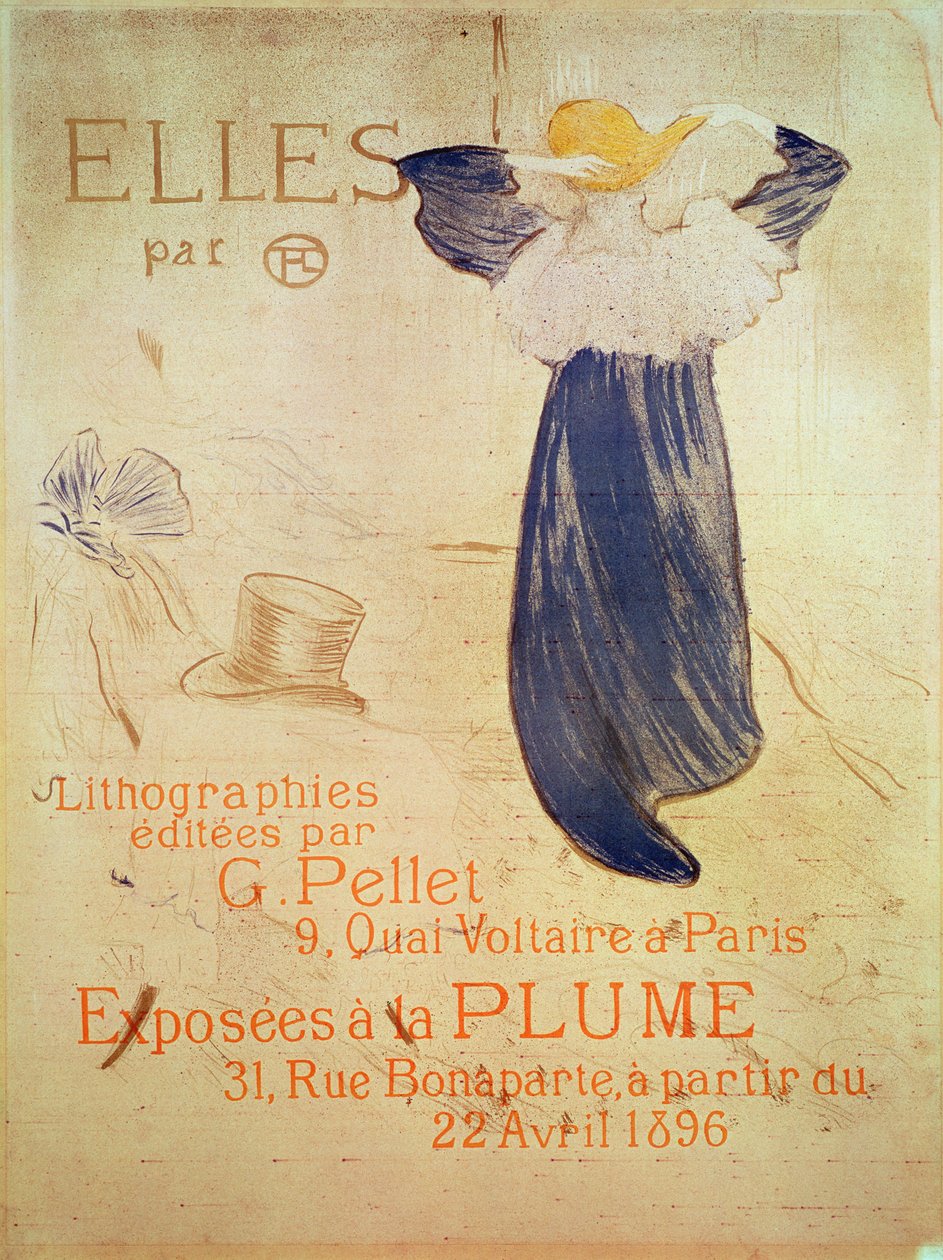 4月22日からパリのボナパルト通り31番地、ラプルームで開催された1896年の展覧会の「Elles」のフロントピース。 Editions G Pellet、9 quai Voltaire、パリ、1896年（クレヨン、ブラシ、スパッタリトグラフをfouで印刷） 作： アンリ・ド・トゥールーズ・ロートレック