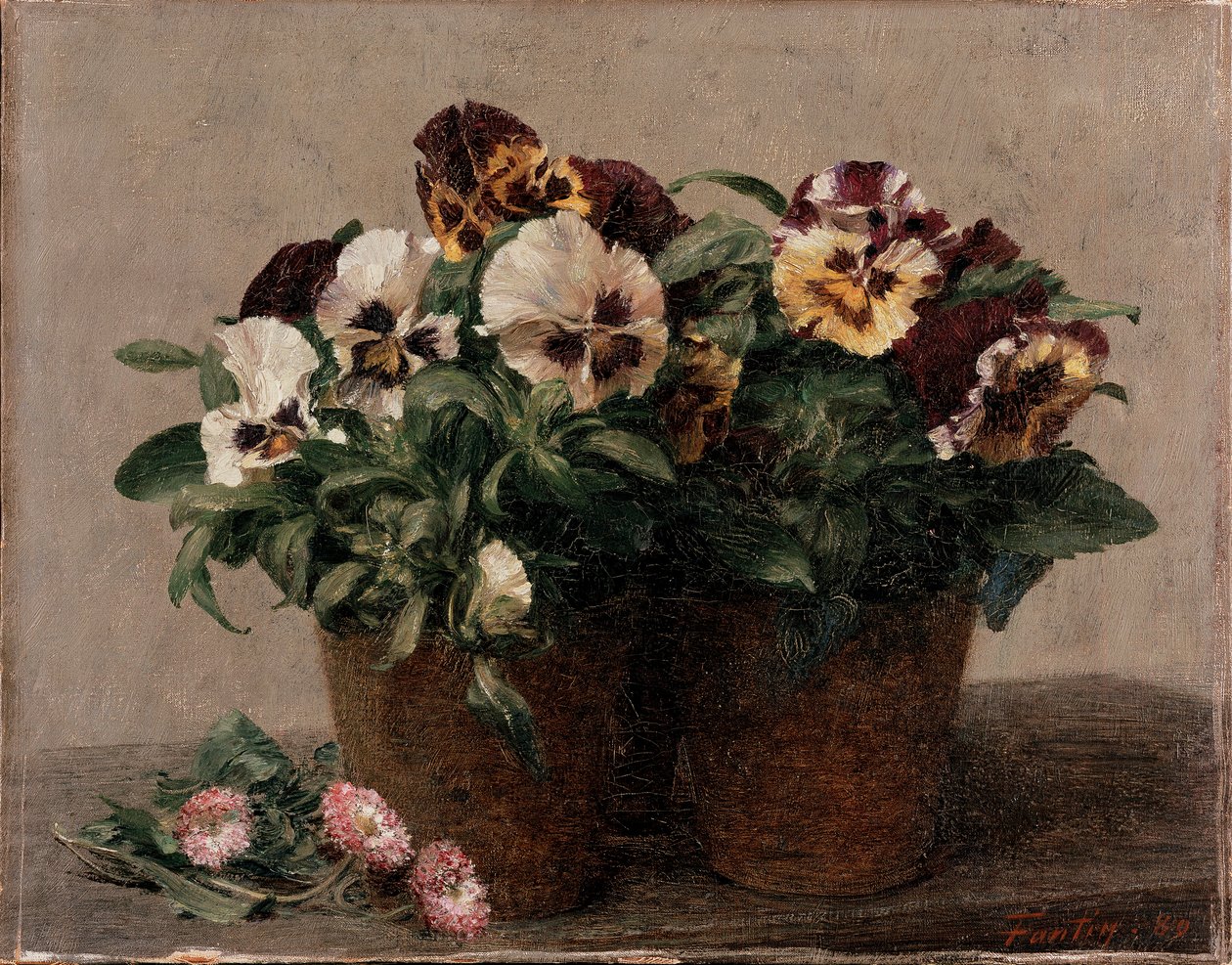 静物画。パンジーとヒナギク 1880年 作： イグナス・アンリ・ジャン・ファンタン・ラトゥール