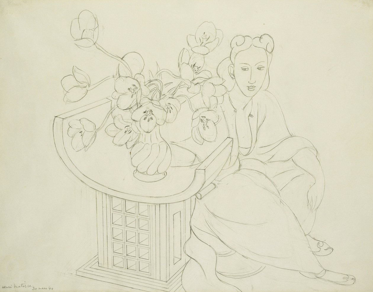 チューリップの花瓶を持つ座った女性 作： アンリ・マティス
