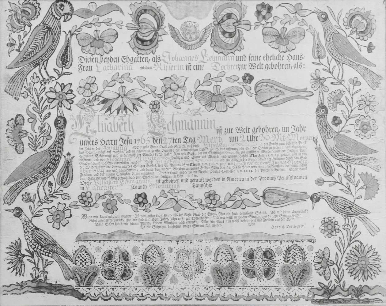 誕生と洗礼の証明書、1784年 作： ヘンリッヒ・ダルハウアー。