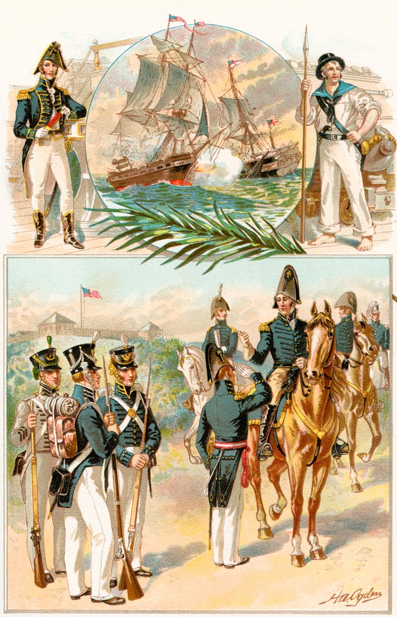 1812年の戦争中のアメリカ陸軍および海軍の制服、1905年発行の「私たちの国の歴史」より 作： ヘンリーアレクサンダーオグデン