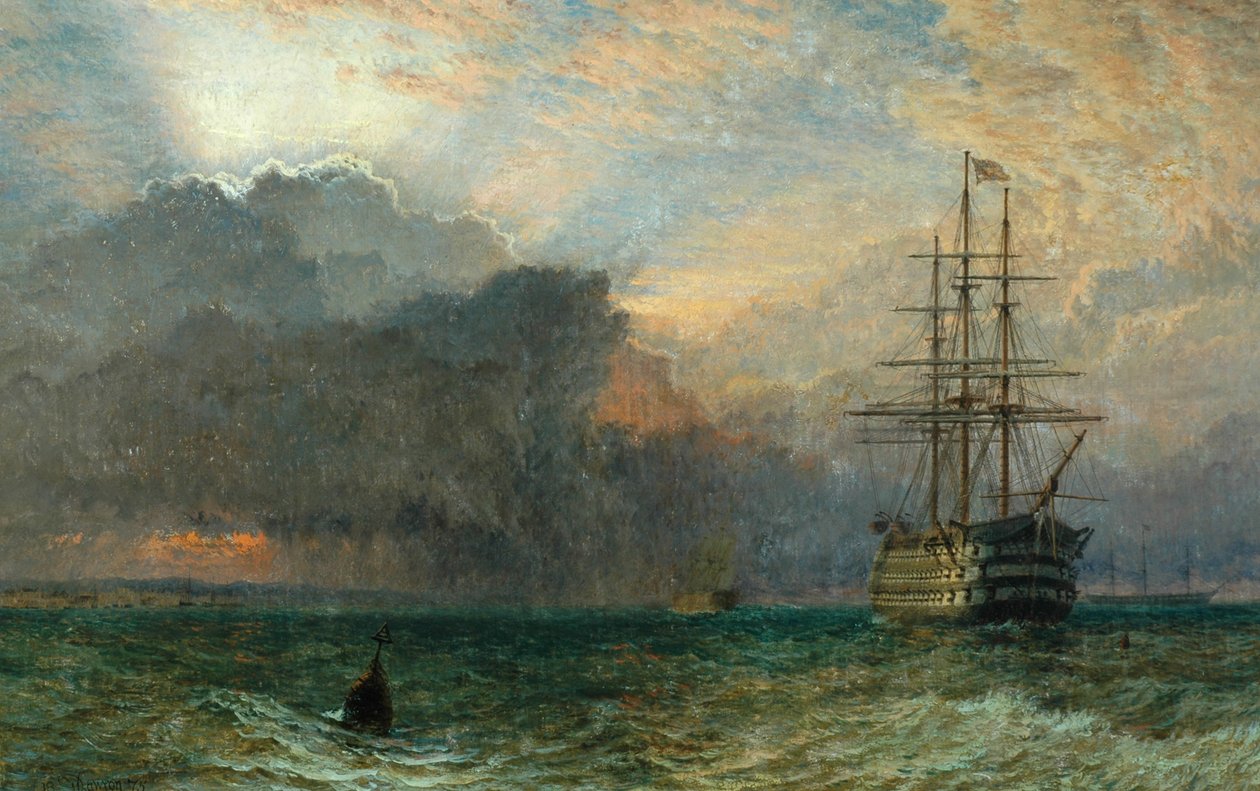 マンオワーと嵐の日没（The Guardship）、1875 作： ヘンリー・ドーソン