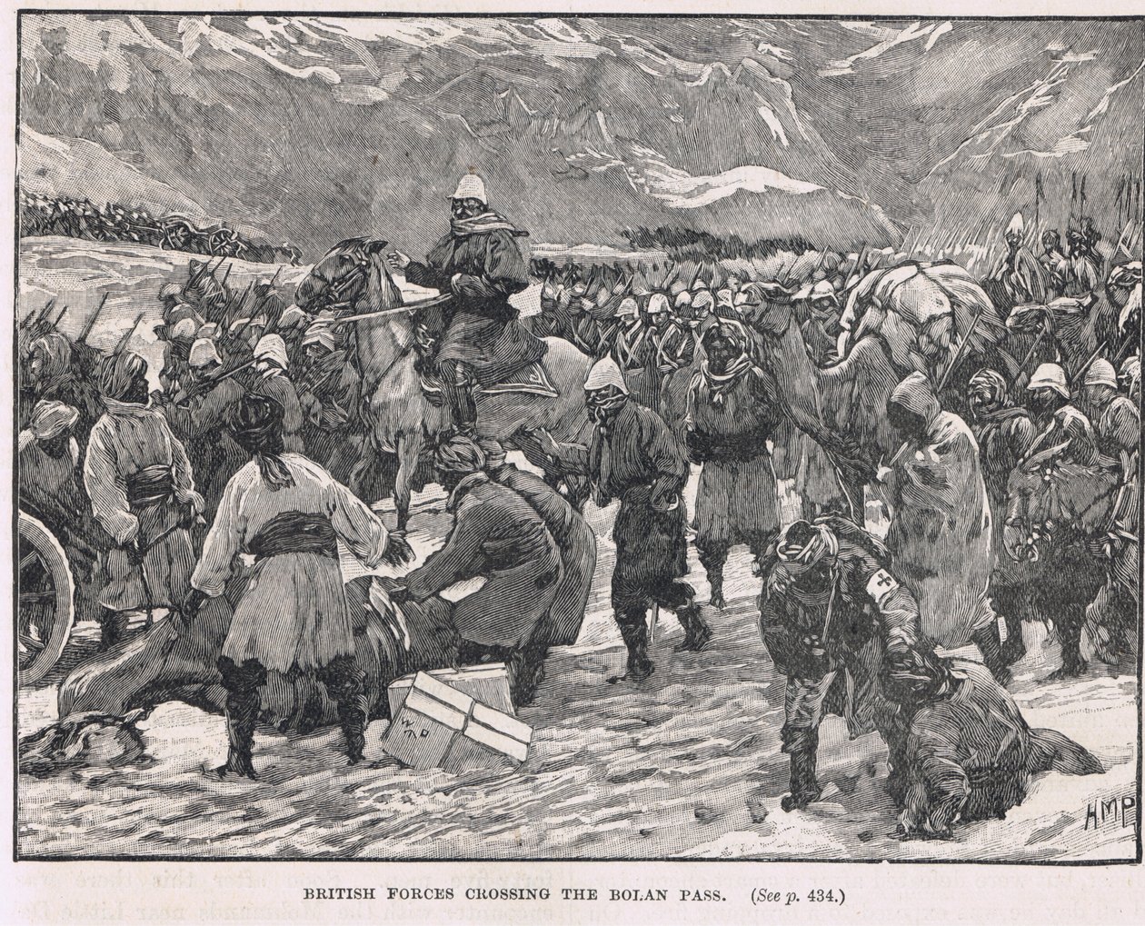 ボーラン峠を横断するイギリス軍、カッセルの「イギリスのイラスト入りの歴史」のイラスト、1910年頃 作： ヘンリー・マリオット・パジェット