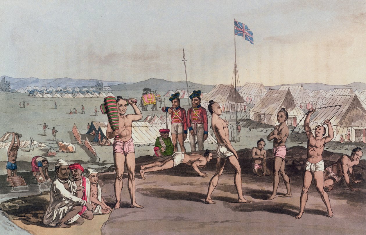1813年4月5日の「マハッタキャンプ」からの英国の住民キャンプの景色を望むウカラ（カラー彫刻） 作： ヘンリー・モーゼス
