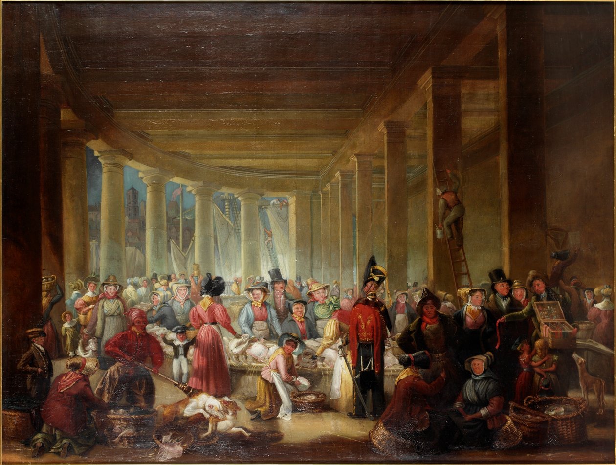 オールドフィッシュマーケット、サンドヒル、ニューカッスルアポンタイン、c.1826-30 作： ヘンリー・パーリー・パーカー