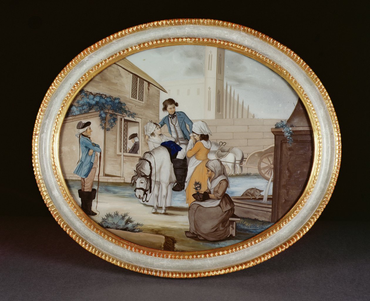 乾隆期（1736-95）c.1790（ガラス）居酒屋の外での送別シーンを示す裏ガラスの絵 作： ヘンリー・W・バンベリー