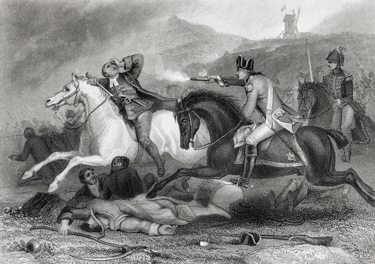 反逆者のリーダー、クリンチ神父は1798年にトーマスライトの「アイルランドの歴史」より、アイルランドのウェックスフォード州エニスコーシーの酢の丘の戦いで撃たれ、1854年に出版されました。 作： ヘンリー・ウォーレン
