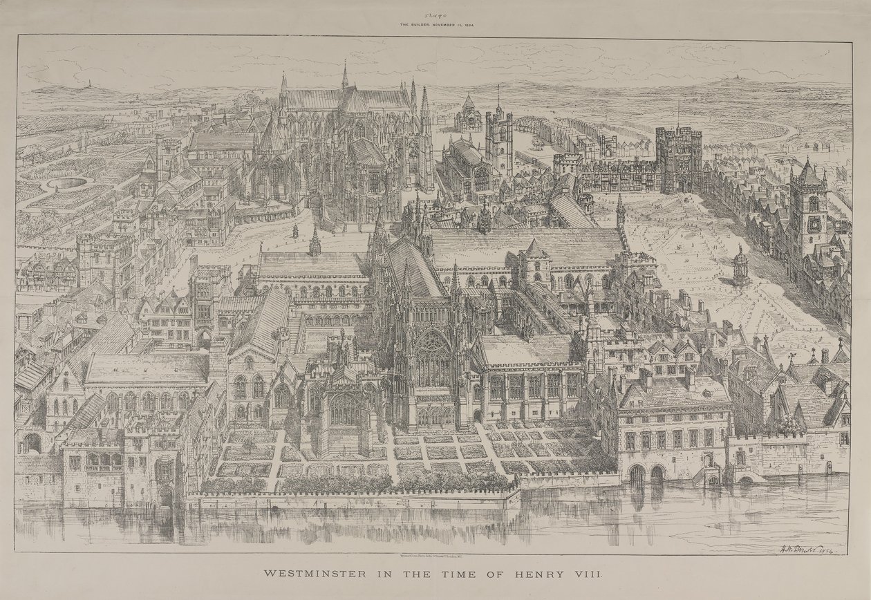 1884年のヘンリー8世の時代のウェストミンスター寺院とウェストミンスター宮殿の航空写真 作： ヘンリーウィリアムブリューワー