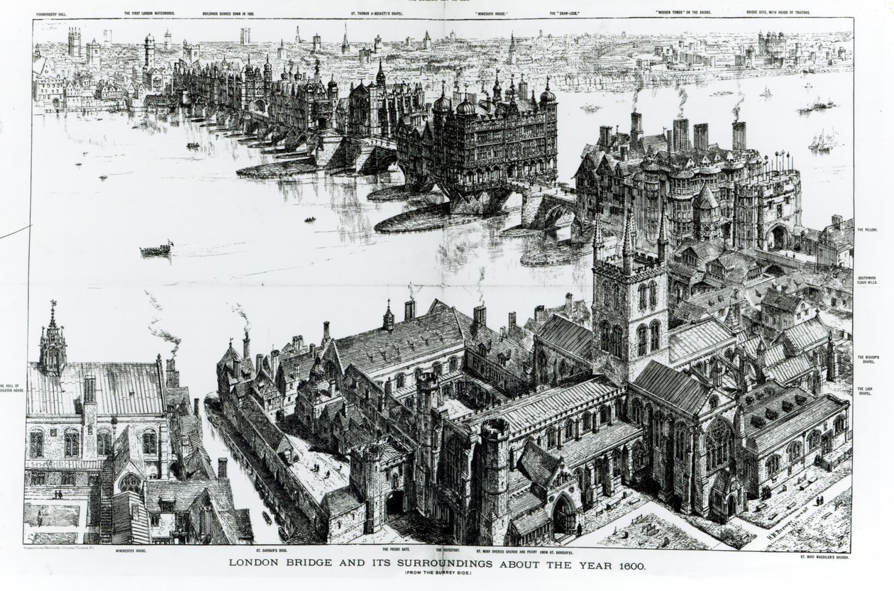 1840年頃のロンドンブリッジとその周辺、「旧ロンドンイラストレイテッド、16世紀のロンドンを描いた一連の絵」、1884年 作： ヘンリーウィリアムブリューワー