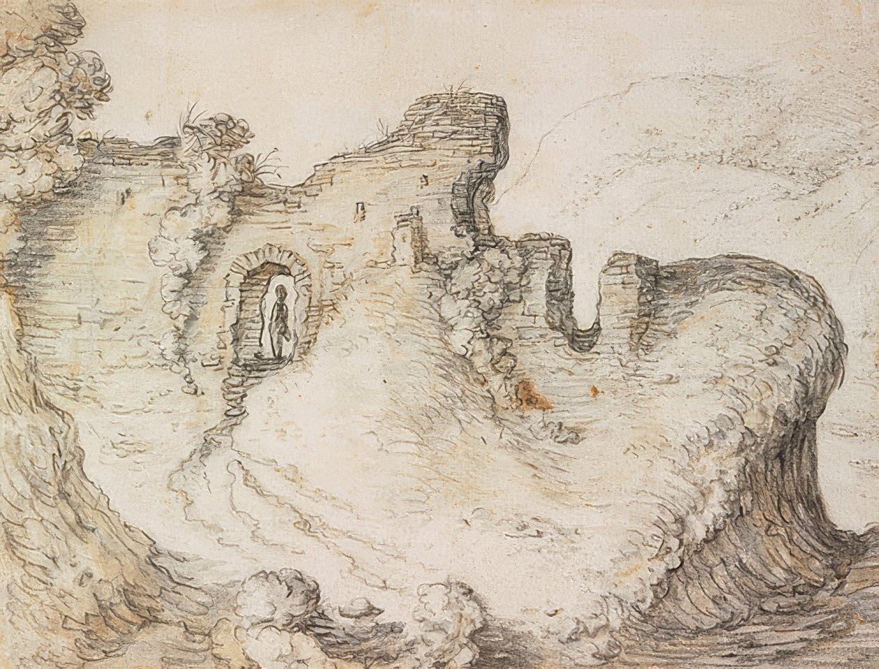 廃墟と山の風景。 1650年頃 作： ハーマン・サフレーベン