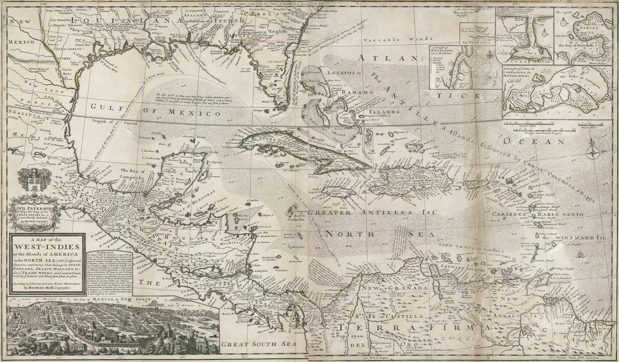 カリブ海の地図、1715年（手描きの彫刻） 作： ヘルマン・モル